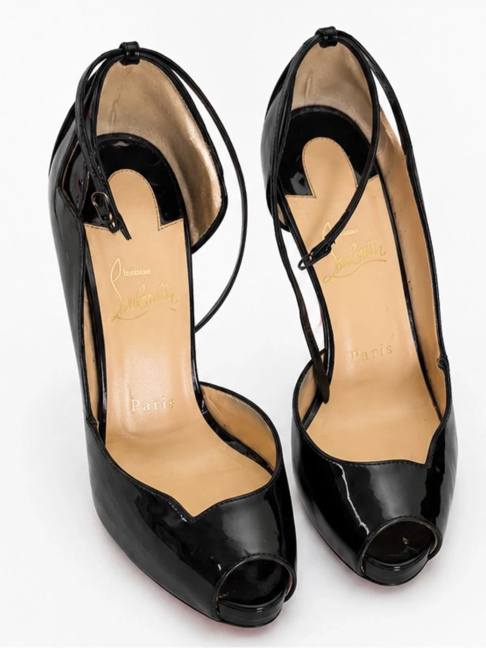Christian Louboutin Black Patent Peep-Toe Strappy Heels